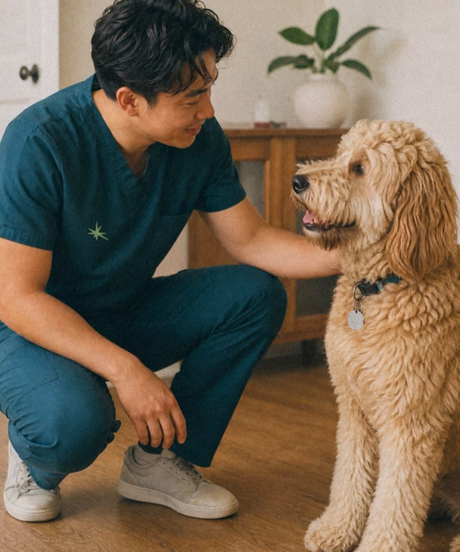 A licensed vet tech draws blood from a dog at home.