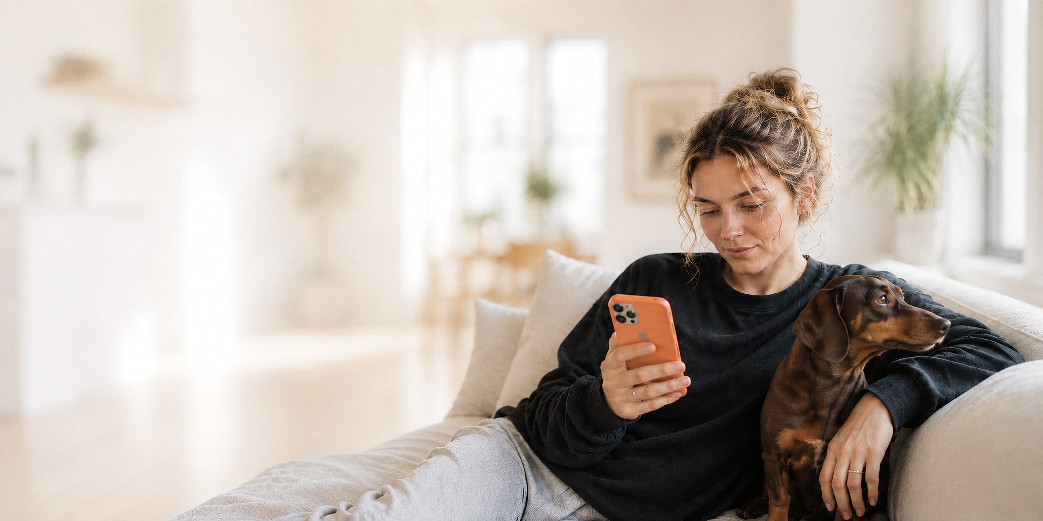 A woman on a sofa reads her phone while her dachshund leans against her arm.