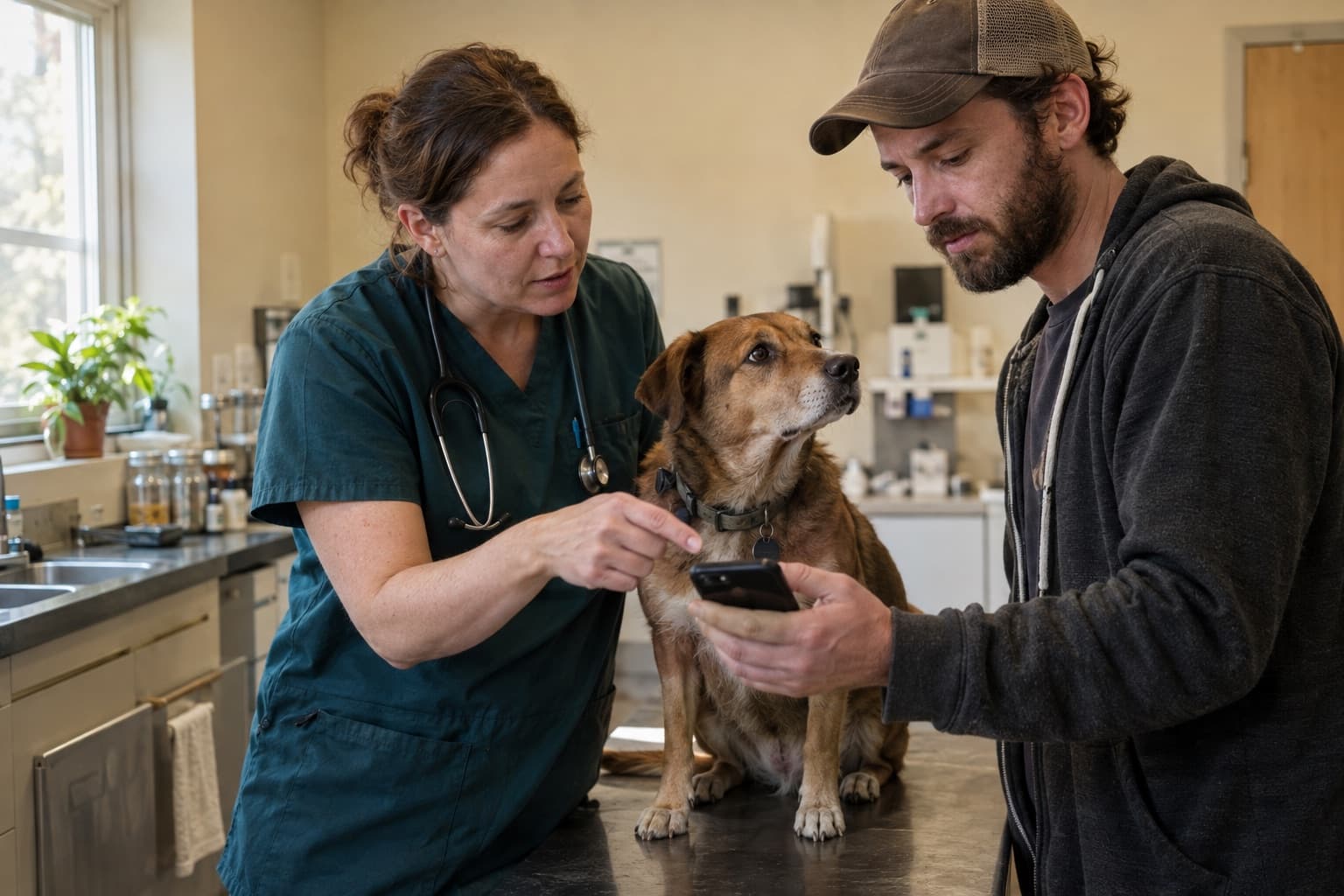A veterinarian and a dog owner look at the owner's phone together while the dog sits between them.