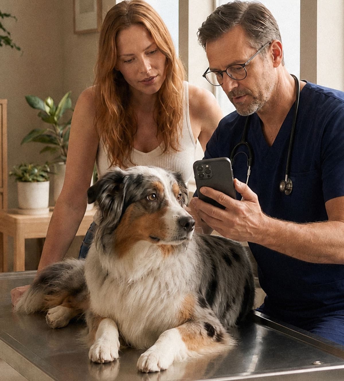 A veterinarian and a dog’s owner review her records on a phone together while the Australian Shepherd sits on the exam table.