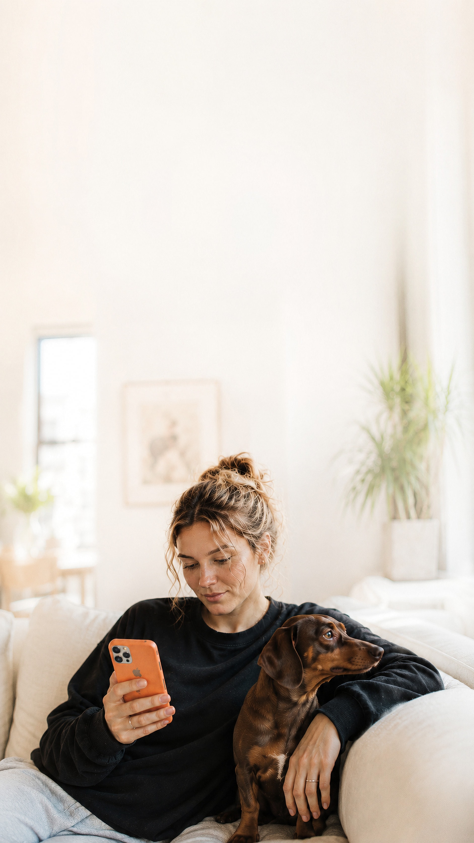 A woman on a sofa reads her phone while her dachshund leans against her arm.